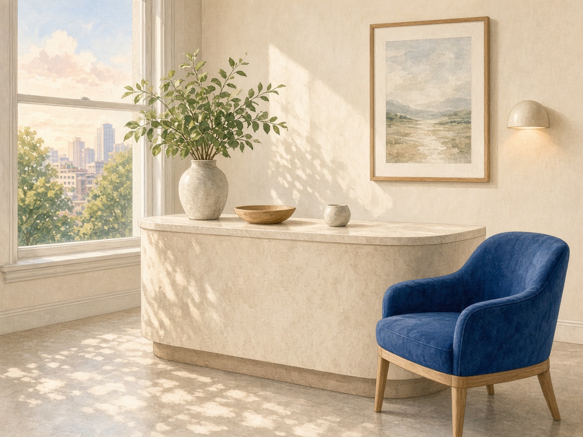 Illustrated reception of a small cosmetic dental office