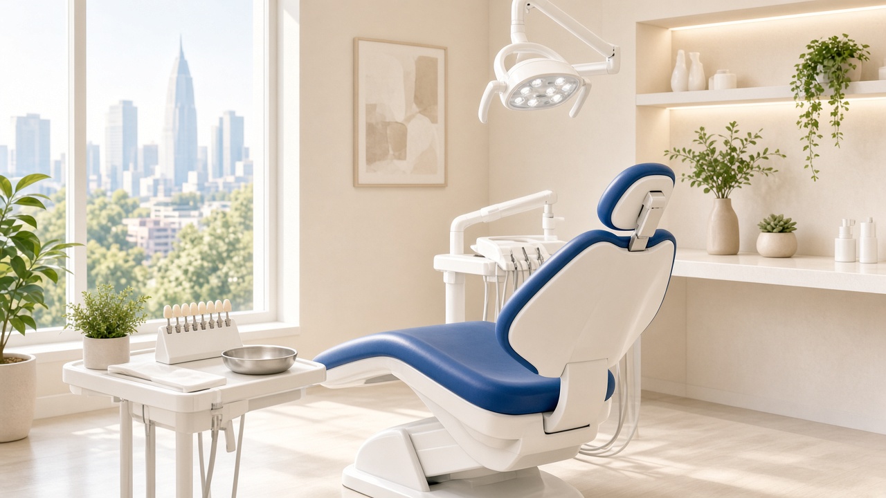 Illustrated cosmetic treatment room with a shade guide on the tray